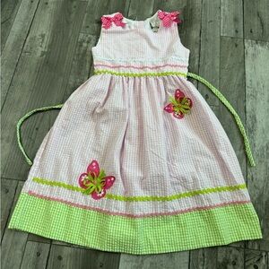 Rare Editions 6X Pink Seersucker Dress Beige Trim Butterfly Apron Tie Sleeveless